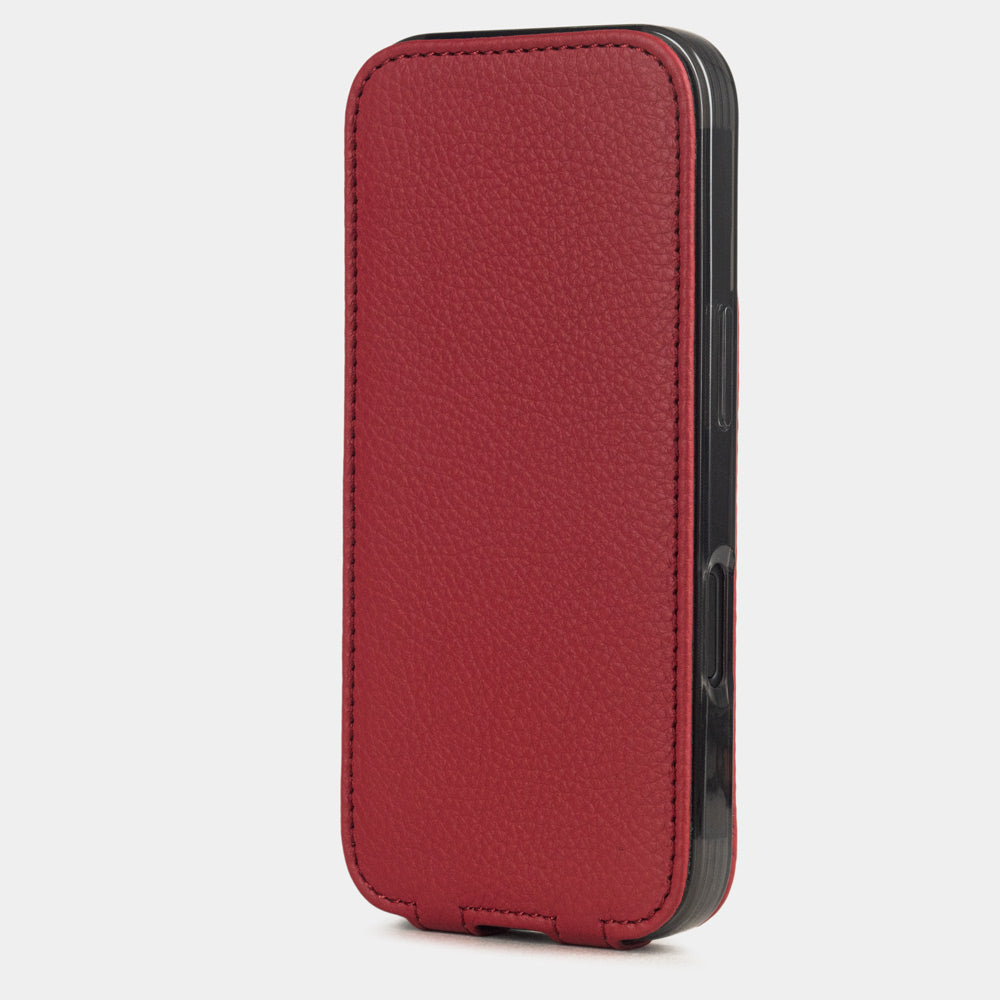 Red Calfskin Case iPhone 17 – upright closed view highlighting the magnetic front cover fully protecting the screen, elegant silhouette
