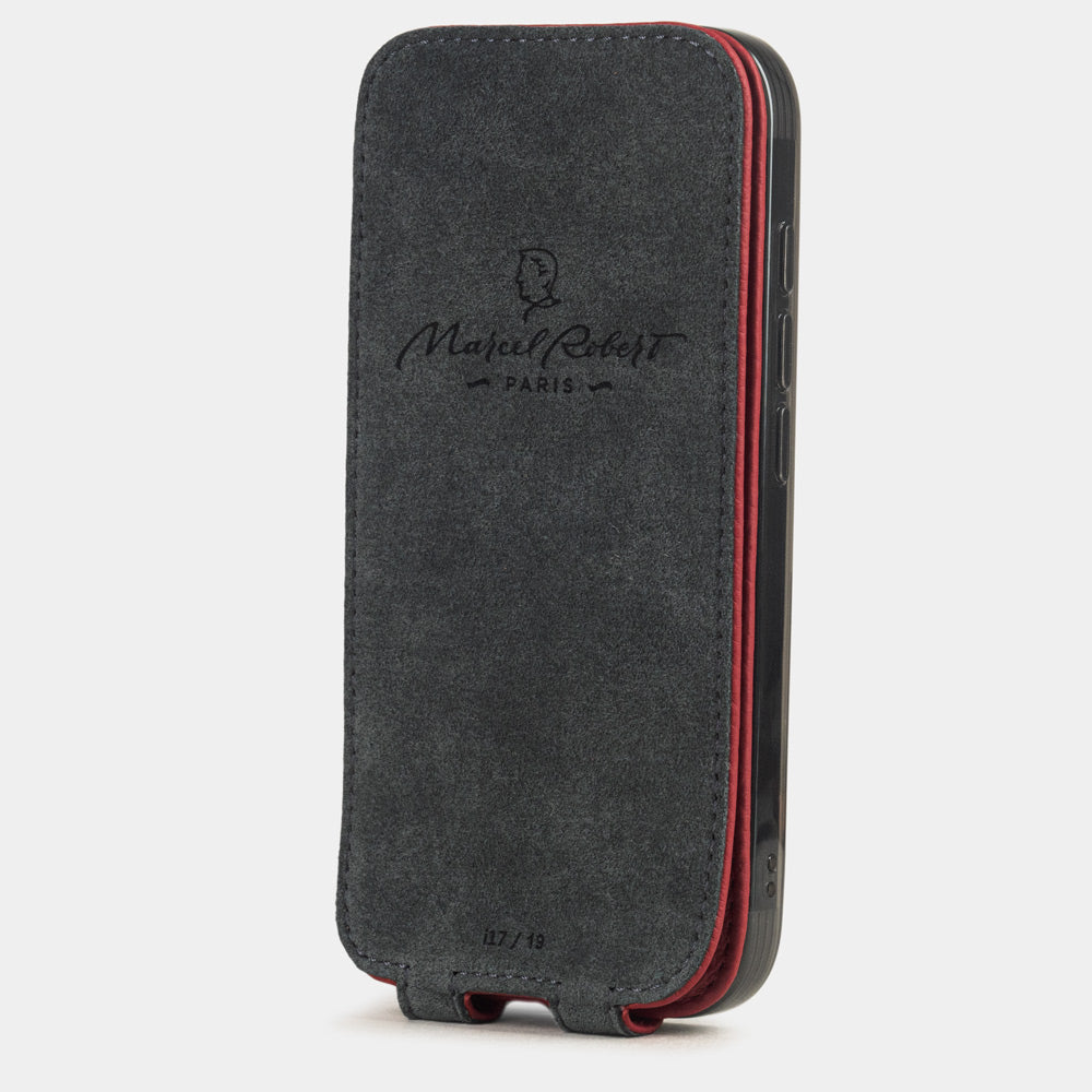 Red Calfskin Case iPhone 17 - interior view showing grey Alcantara lining with magnetic closure, designed to clean and protect the screen
