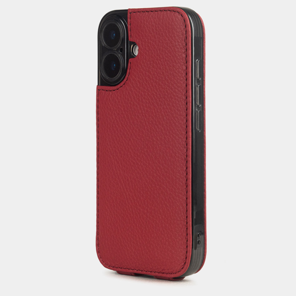 Red Calfskin Case iPhone 17 - view from camera side and how the lenses are efficiently protected
