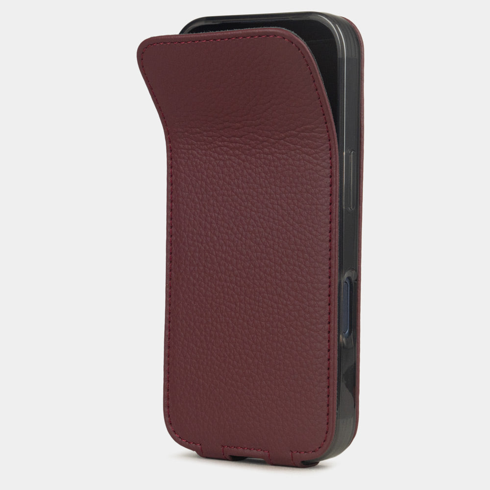 Bordeaux Calfskin Case iPhone 17 Pro  – phone flip case with textured natural scale pattern, flexible front cover folding back to protect the smartphone screen
