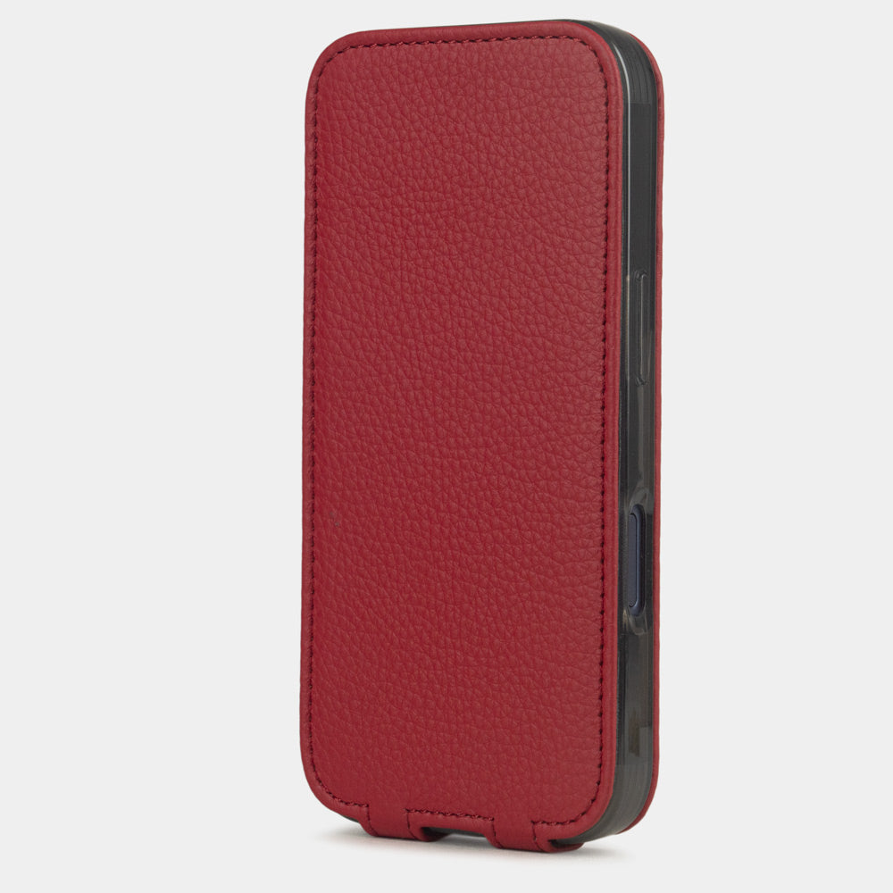 Red Calfskin Case iPhone 17 Pro Max– upright closed view highlighting the magnetic front cover fully protecting the screen, elegant silhouette

