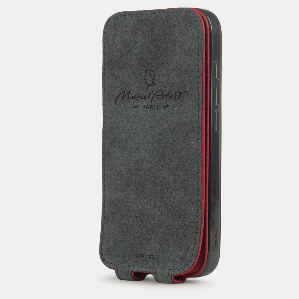 Red Calfskin Case iPhone 17 Pro Max - interior view showing grey Alcantara lining with magnetic closure, designed to clean and protect the screen
