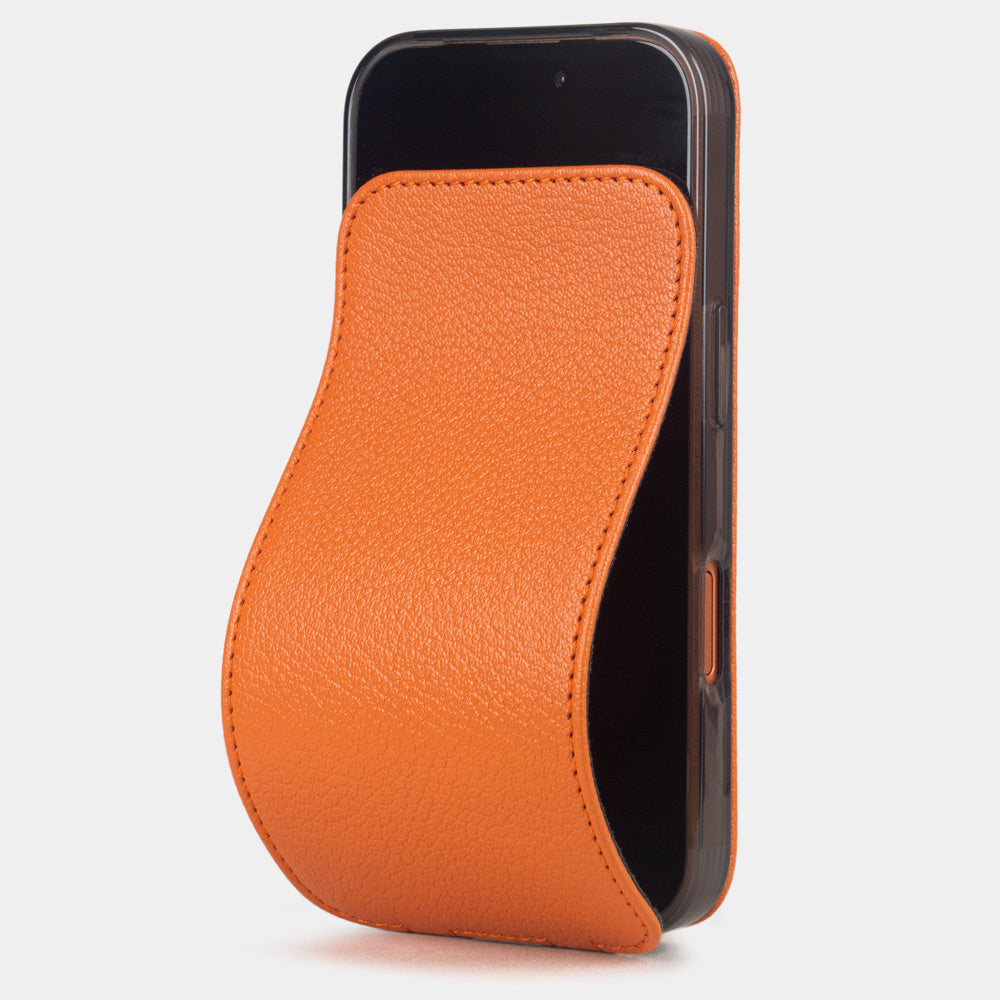 Orange Goat Case iPhone 17 Pro Max – luxury handmade phone case in genuine goat leather with magnetic front cover partially open, main photo