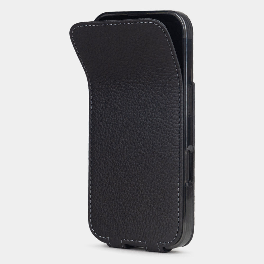 Marcel Robert iPhone 17 pro max black calfskin leather case, flexible front cover with integrated magnets to securely close on the screen