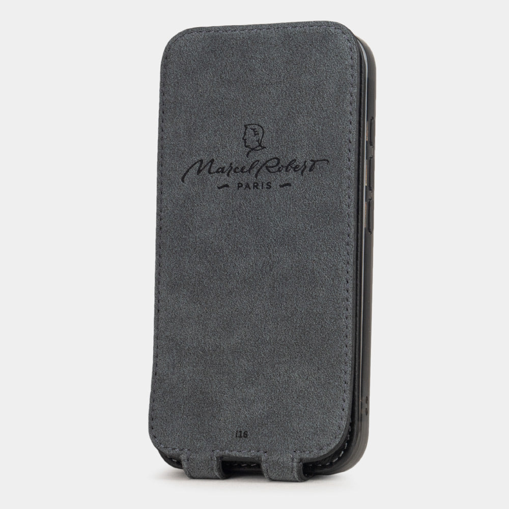 Interior view of Marcel Robert iPhone 17 pro max case in black calfskin leather, grey Alcantara lining with magnetic closure