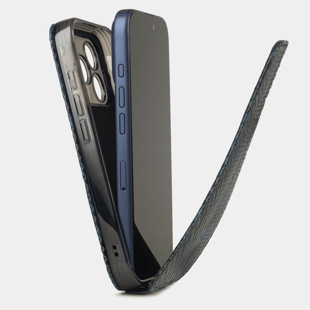Blue Python Case iPhone 17 Pro Max - flip phone case shown open on smartphone, natural scale texture with folding front cover

