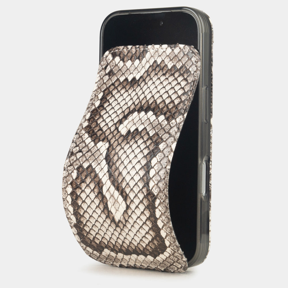 Natural Python Case iPhone 17 Pro Max – luxury handmade phone case in genuine python leather with magnetic front cover partially open, main photo
