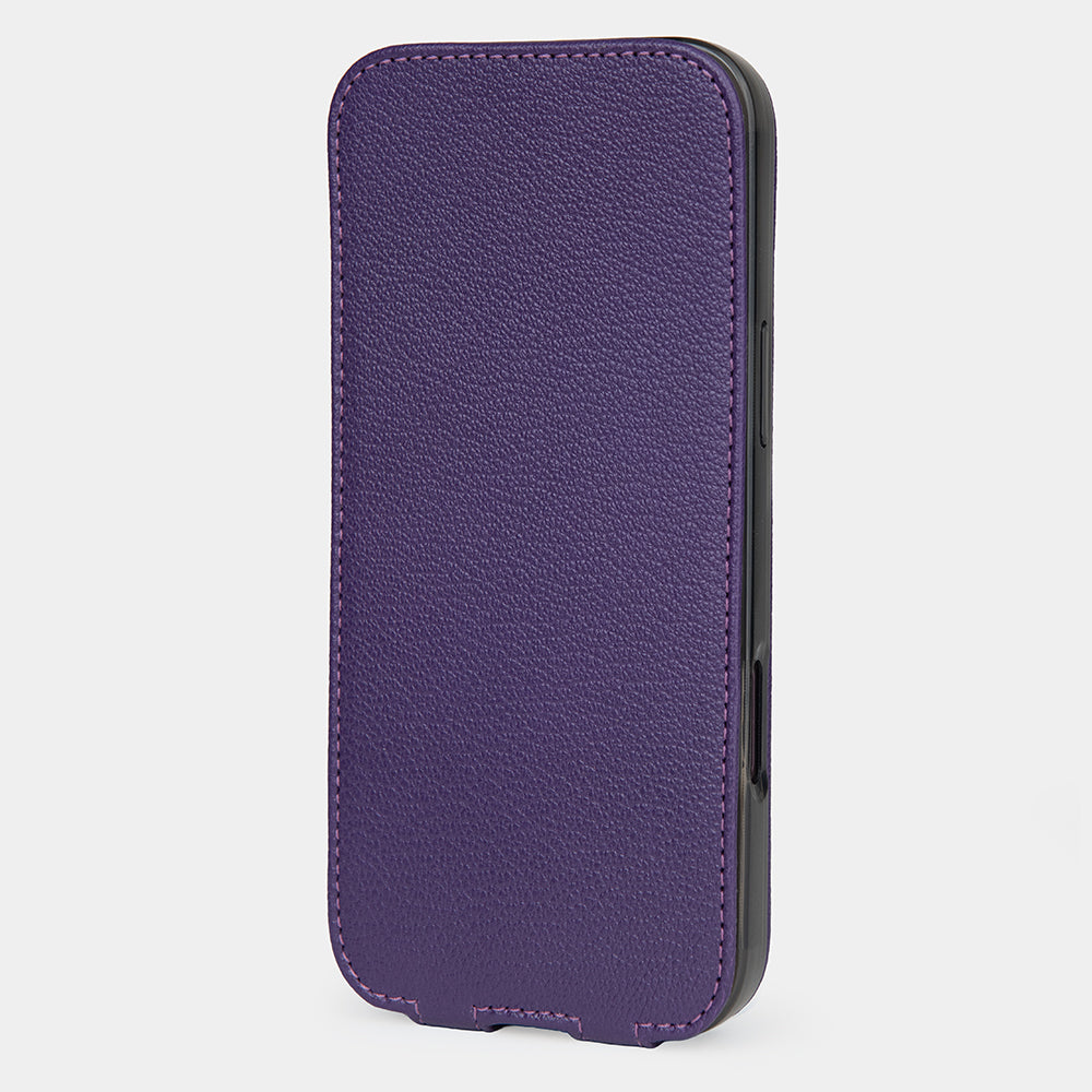iPhone 18 Pro / Pro Max flip case in purple Sully goat leather – closed front view, the flap fully covering the screen