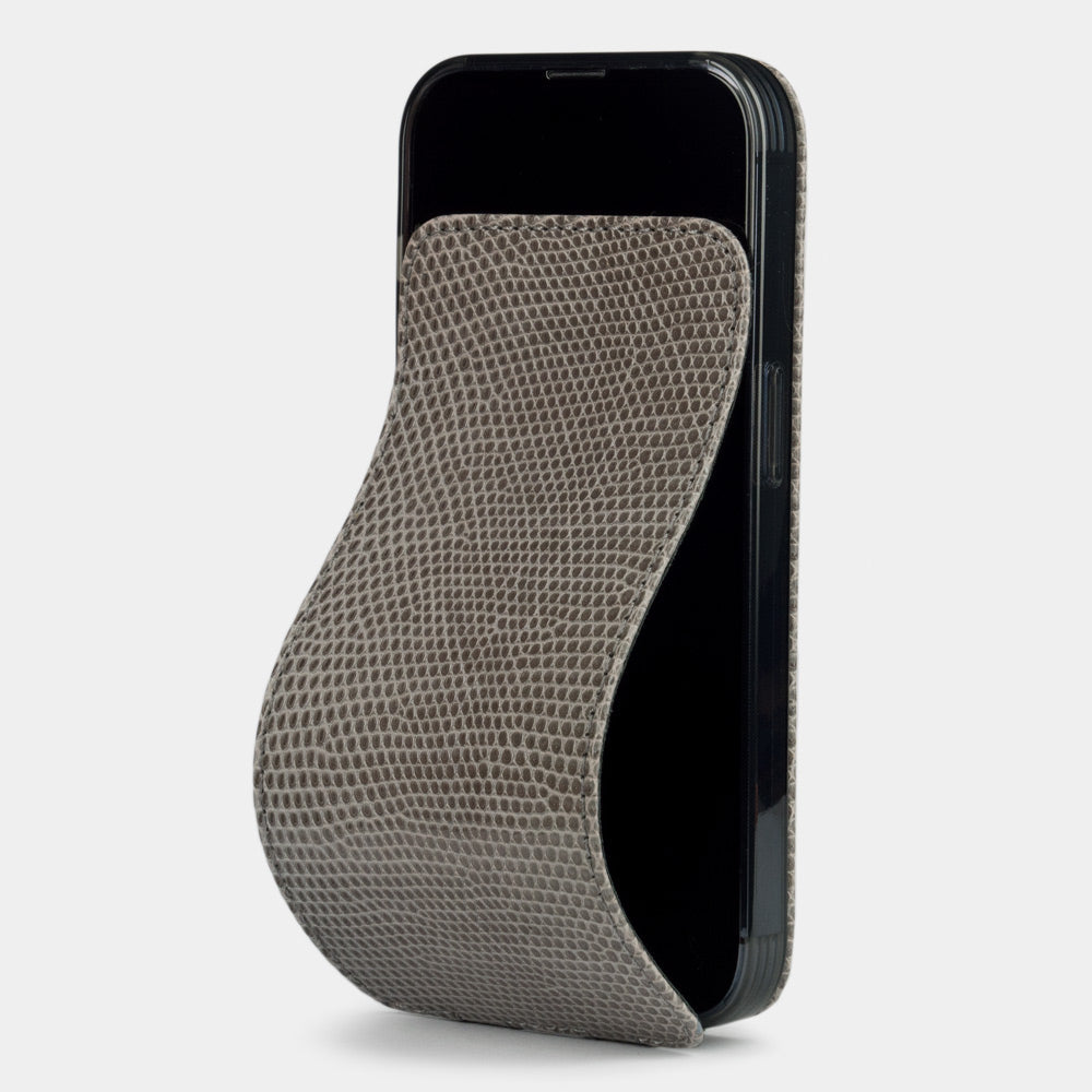 iPhone 14 Pro flip case in grey lizard leather – Marcel Robert | main visual