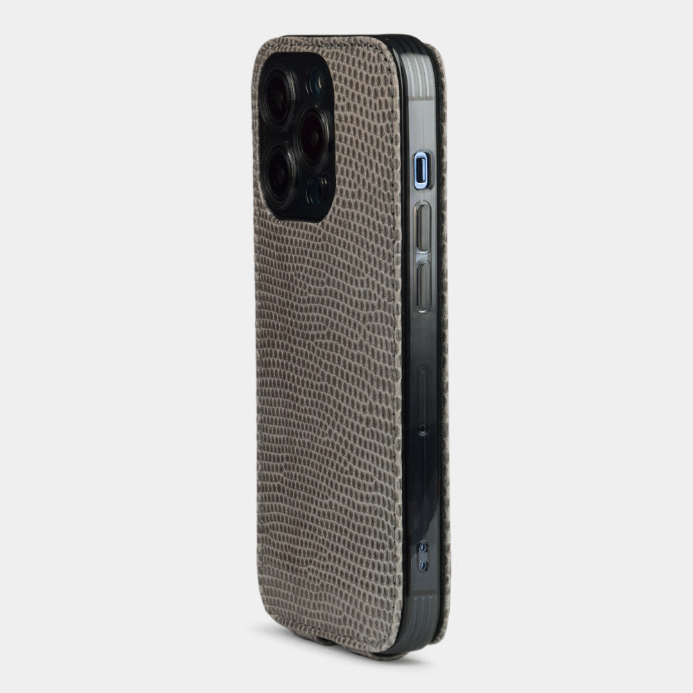 iPhone 14 Pro flip case in grey lizard leather – view from the camera side showing how the leather protects the camera block