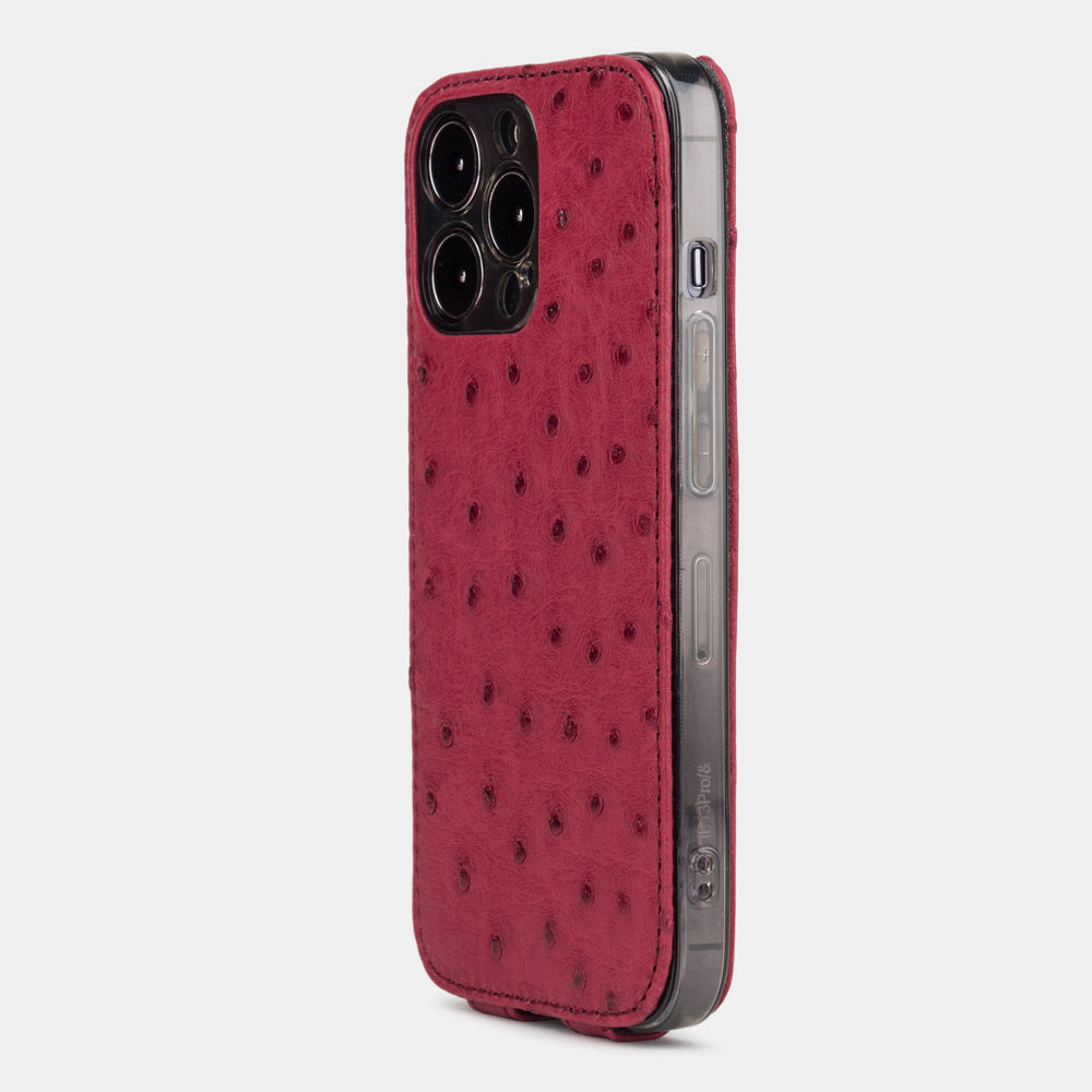 Fuchsia ostrich leather flip case for iPhone 14 Pro Max, MagSafe — Marcel Robert