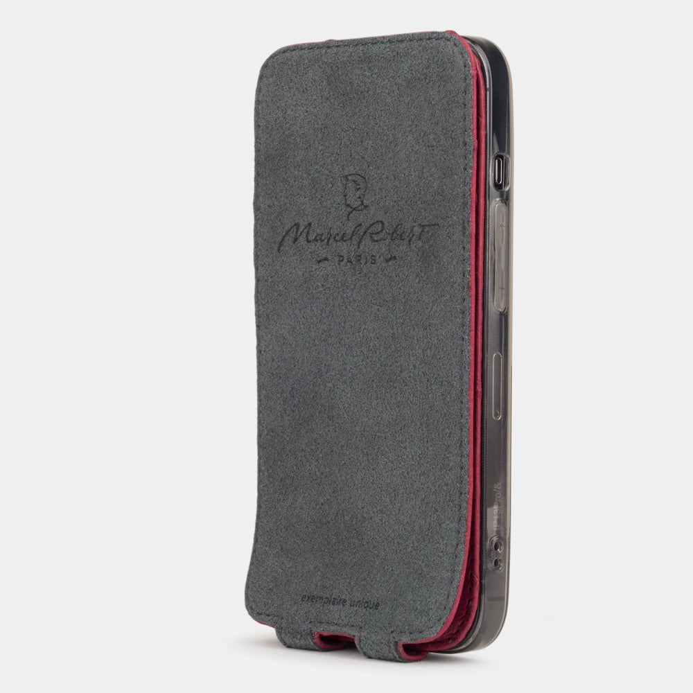 Fuchsia ostrich leather flip case for iPhone 14 Pro Max, MagSafe — Marcel Robert