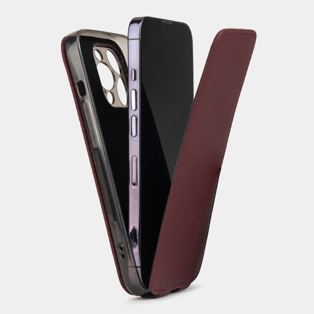 iPhone 14 Pro Max flip case made with bordeaux premium leather – view showing how the iPhone sits in the slim silicone shell and the soft flap that protects the screen