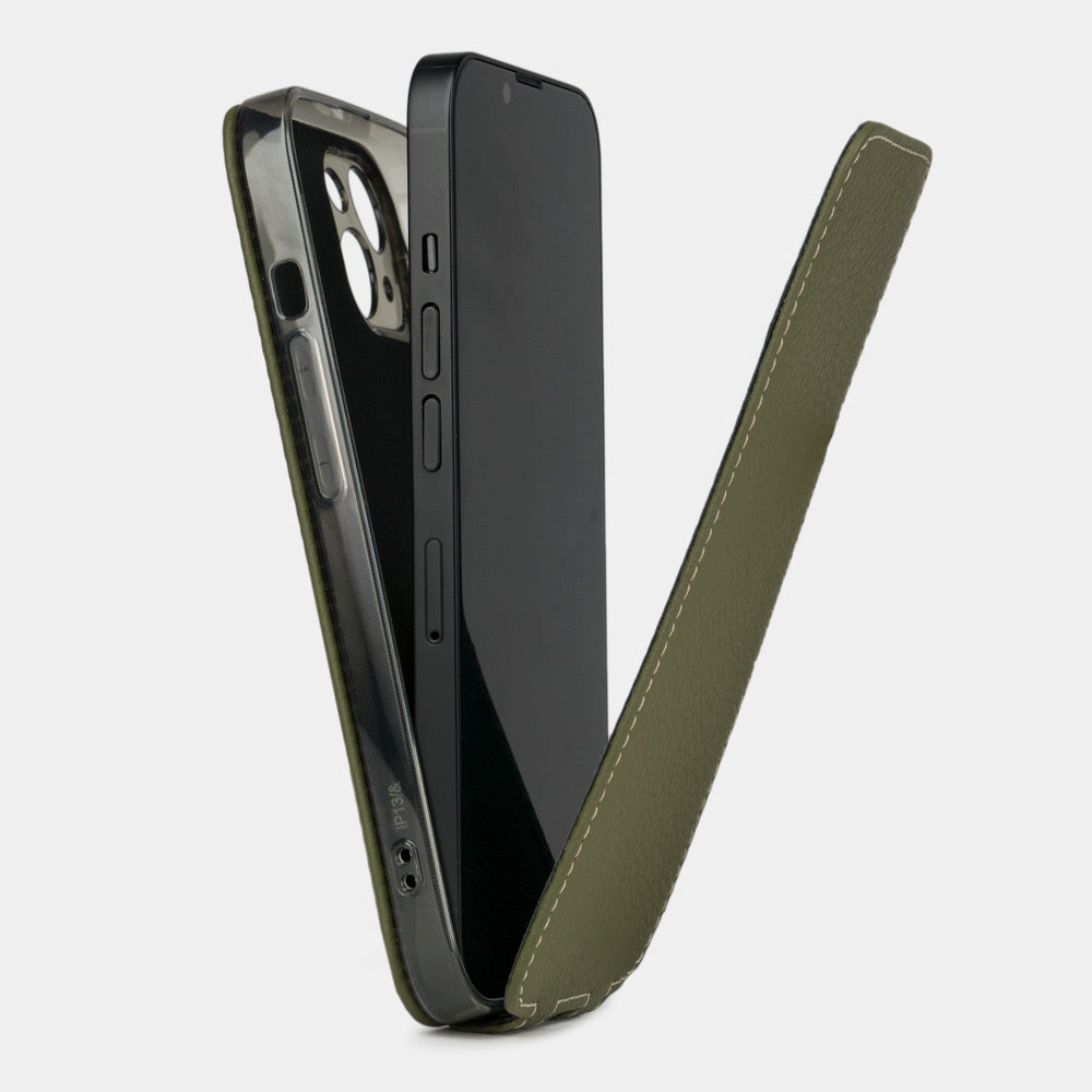 iPhone 14 flip case made with green premium leather – view showing how the iPhone sits in the slim silicone shell and the soft flap that protects the screen