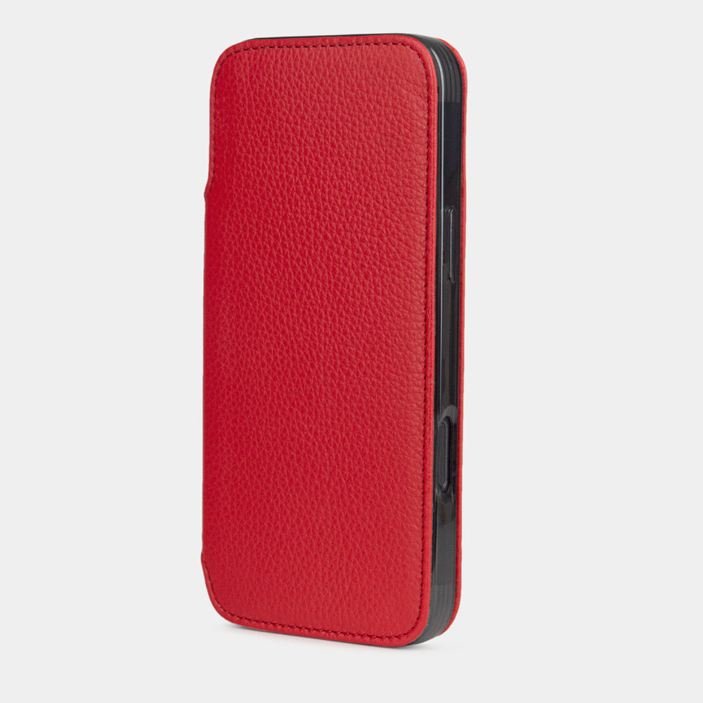 Front view of Marcel Robert iPhone 17 Pro Max folio case - made of red premium full-grain calfskin leather, closed position with magnetic cover | main image