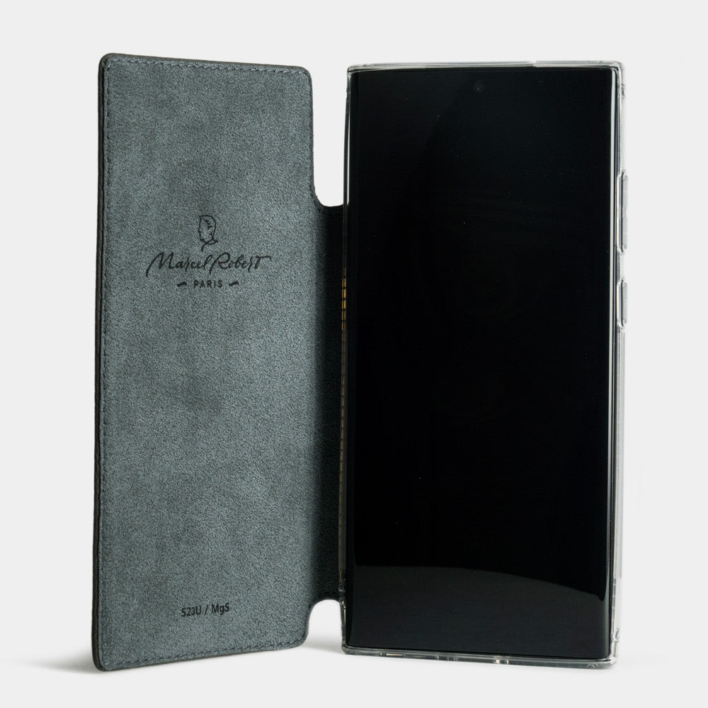 Funda cartera de piel de becerro Oro para Samsung Galaxy S24 Ultra – funda abierta plana, mostrando el forro interior protector de Alcantara®