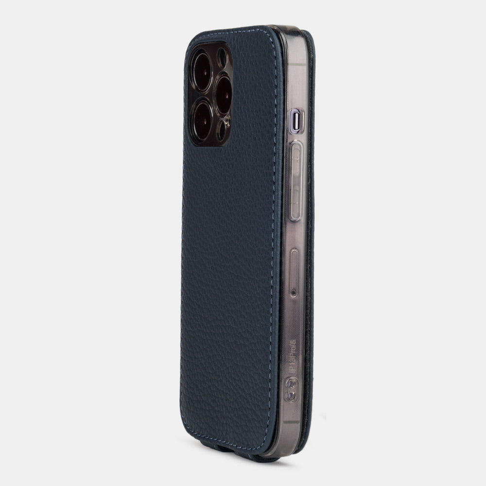 iPhone 14 Pro Max flip case made with blue premium leather – view from the camera side showing how the leather efficiently protects the camera block