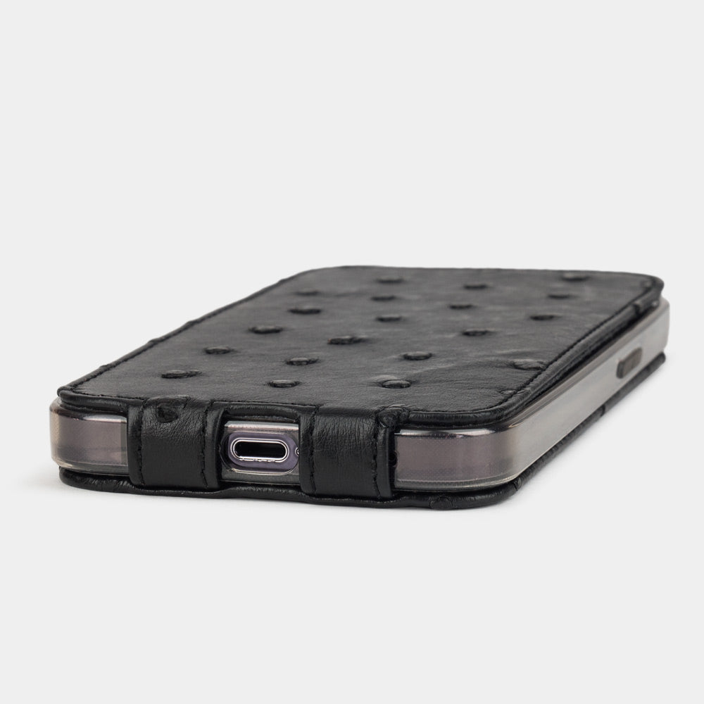 Black ostrich leather flip case for iPhone 14 Pro Max, MagSafe — Marcel Robert