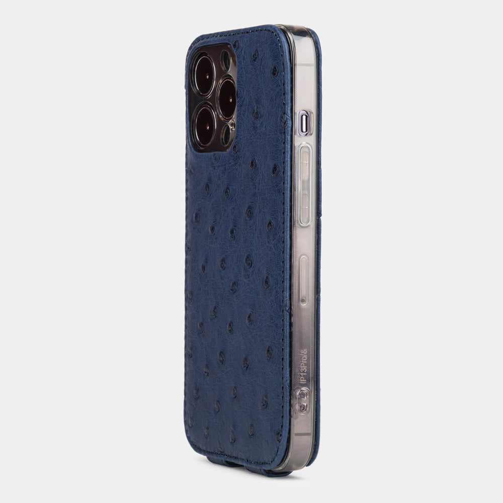 Blue ostrich leather flip case for iPhone 14 Pro Max, MagSafe — Marcel Robert