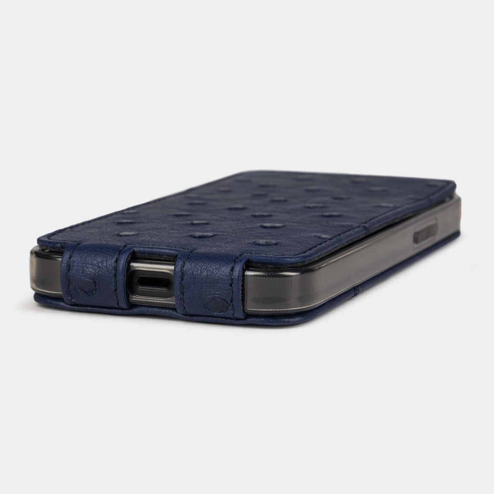 Blue ostrich leather flip case for iPhone 14 Pro Max, MagSafe — Marcel Robert
