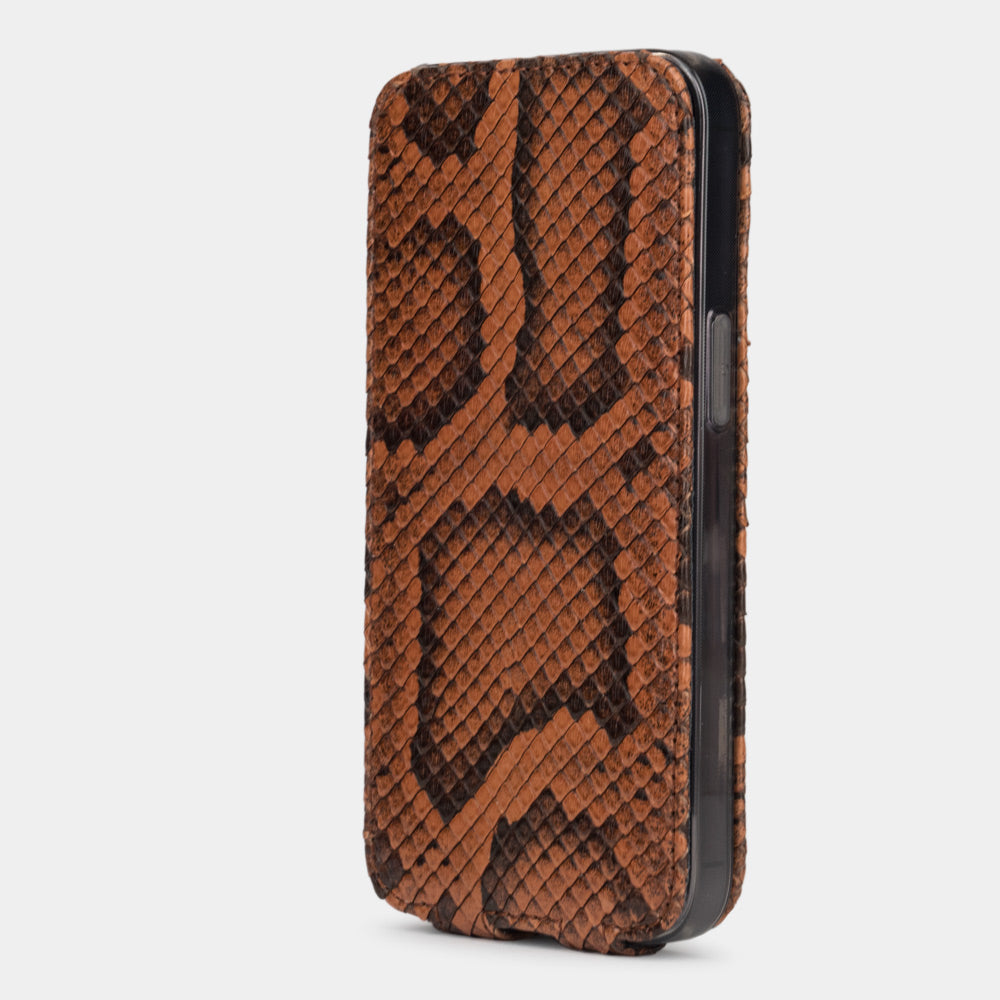 Gold python leather iPhone 14 Pro case laid flat, MagSafe flip cover