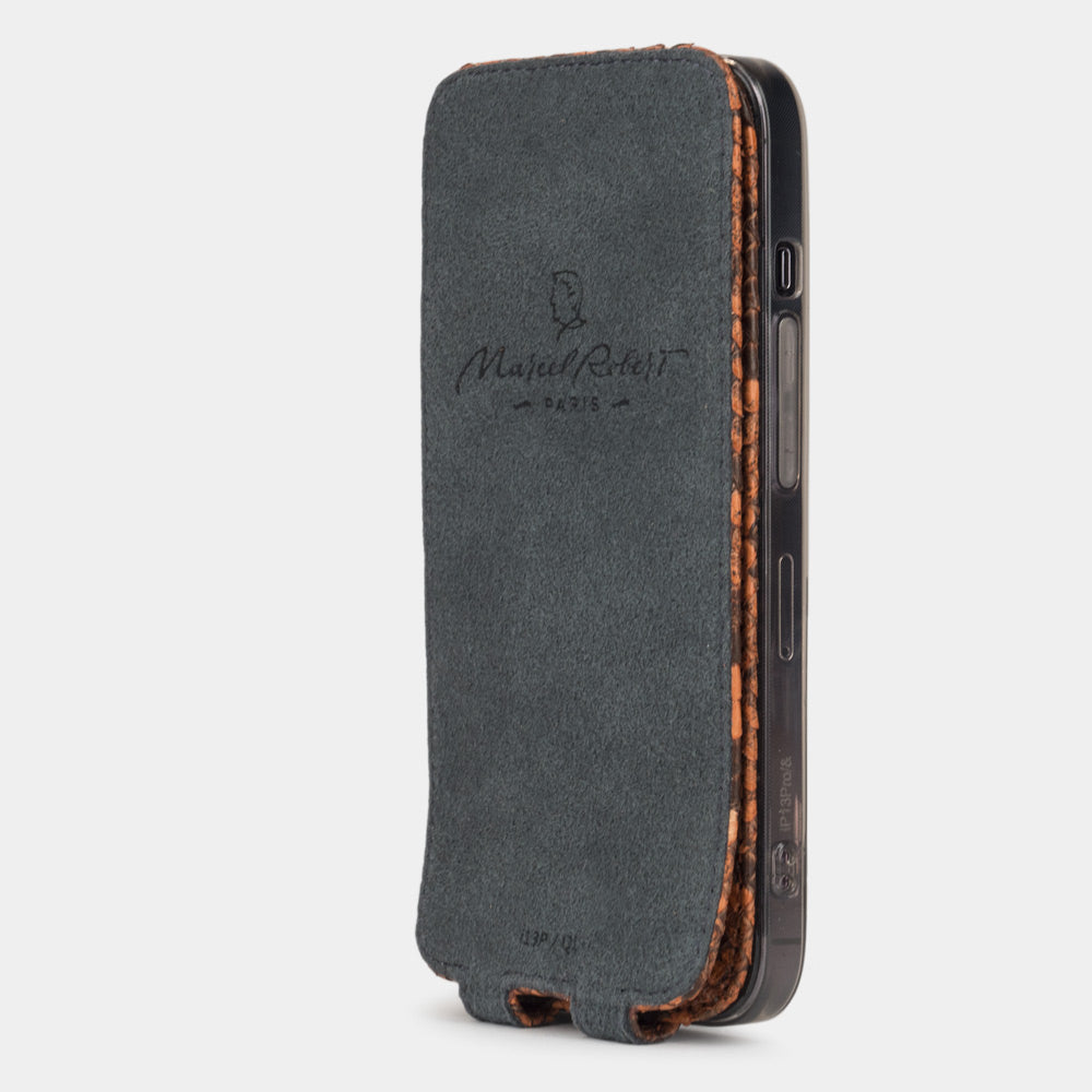 Gold python leather iPhone 14 Pro flip case with the flap folded back showing the Alcantara lining