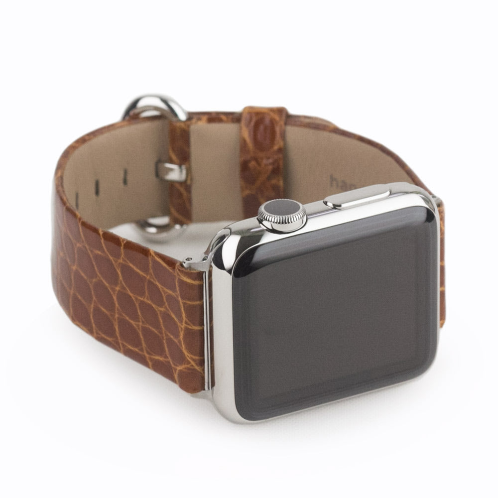 gold alligator strap Apple Watch steel adapters and buckle frontal view