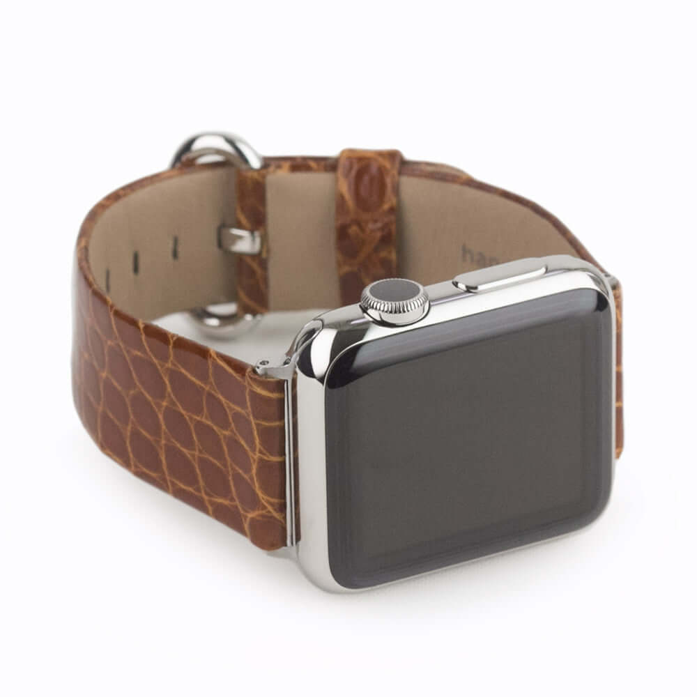 gold alligator strap Apple Watch steel adapters and buckle frontal view