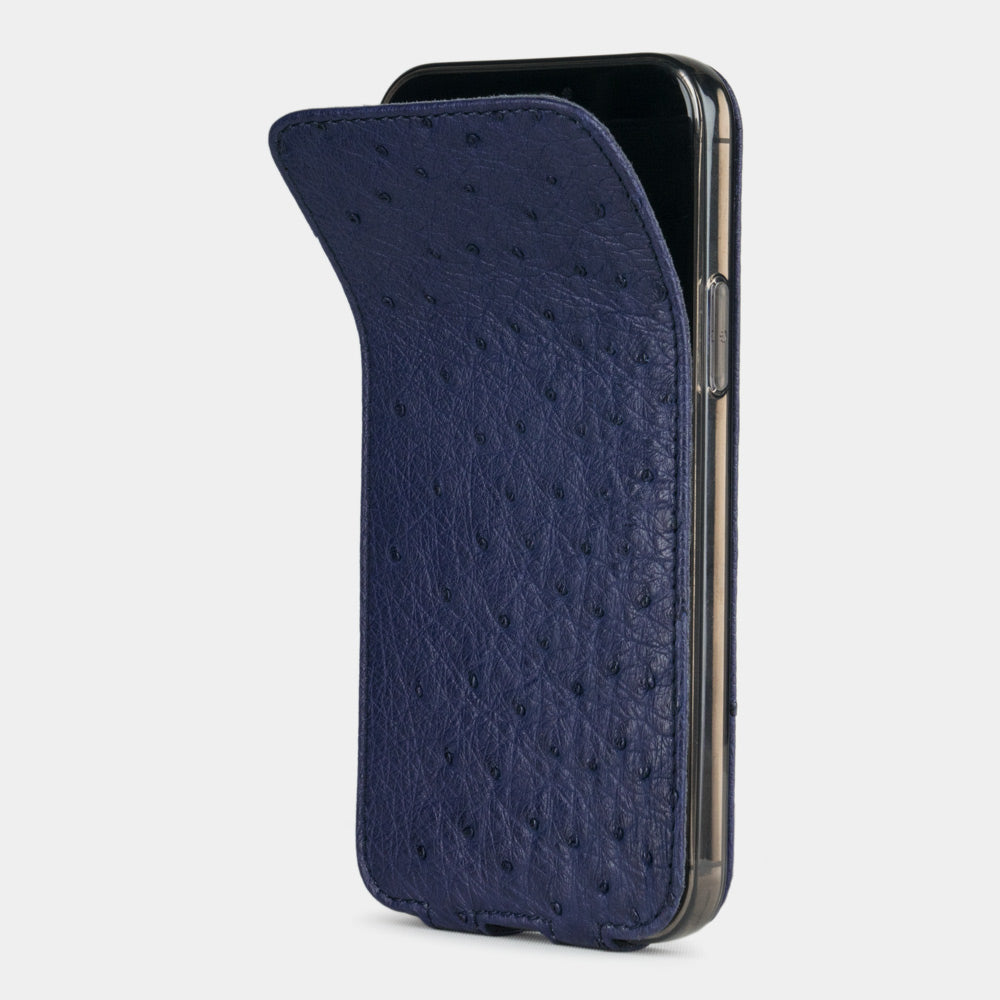 blue ostrich leather iPhone 12 pro max flip case shown partially open, slim handcrafted leather cover with magnetic flap