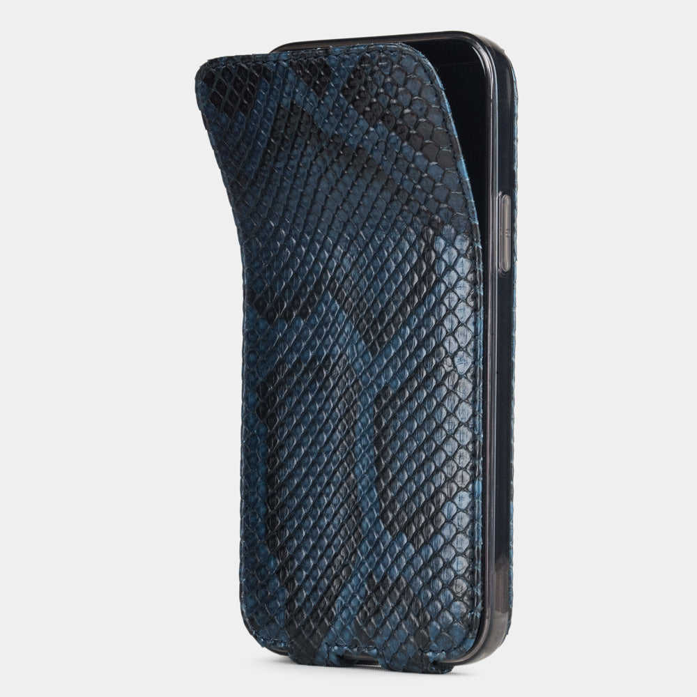 blue python leather iPhone 12 pro max flip case shown partially open, handcrafted exotic leather cover with magnetic flap