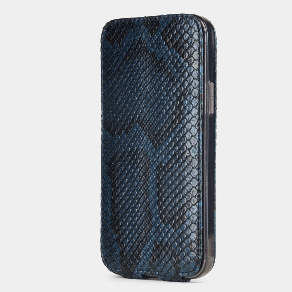 blue python leather iPhone 12 pro max flip case in upright position, cover closes securely thanks to integrated magnet