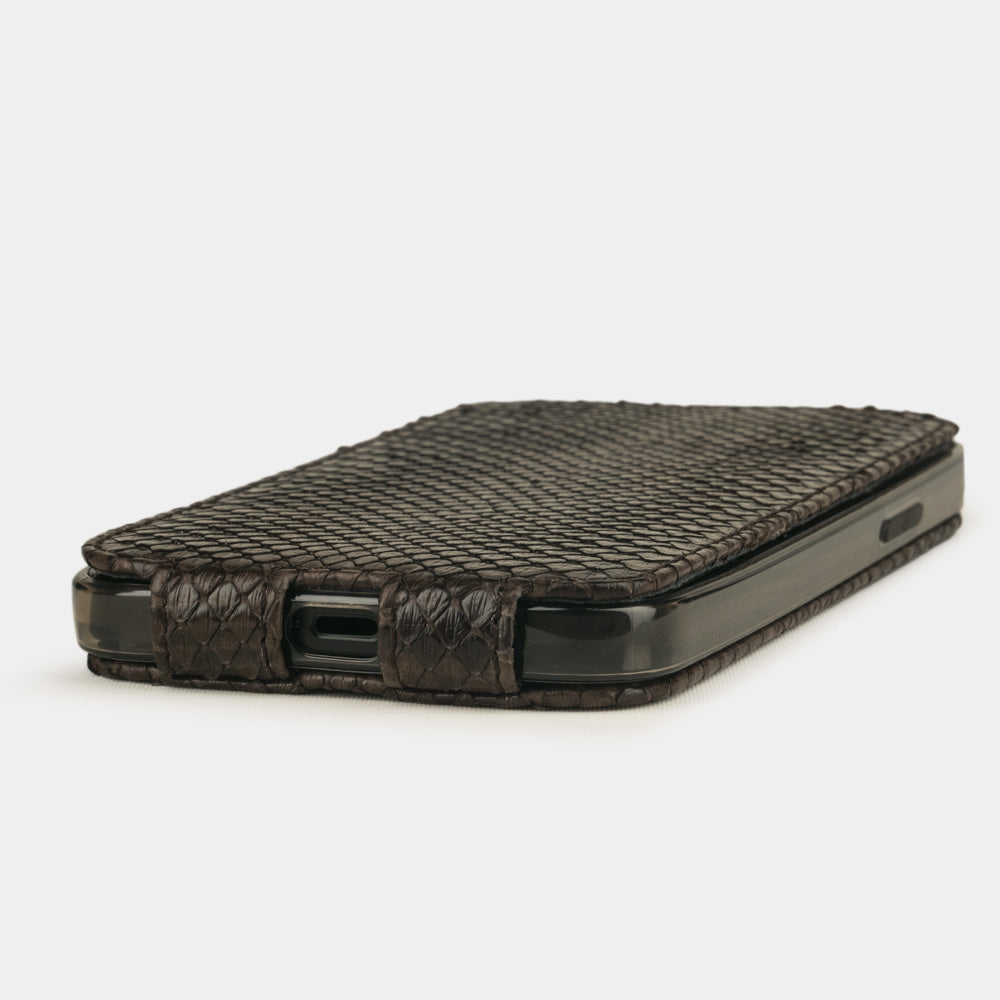 brown python leather flip case for iPhone 12 pro max laid flat showing ultra slim handcrafted profile