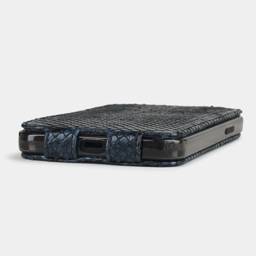 blue python leather flip case for iPhone 12 pro max laid flat showing ultra slim handcrafted profile