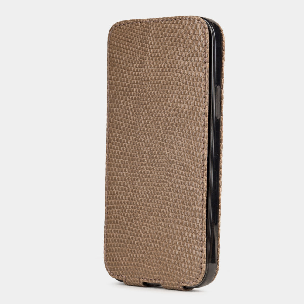 beige lizard leather iPhone 12 mini flip case in upright position with secure magnetic closing system