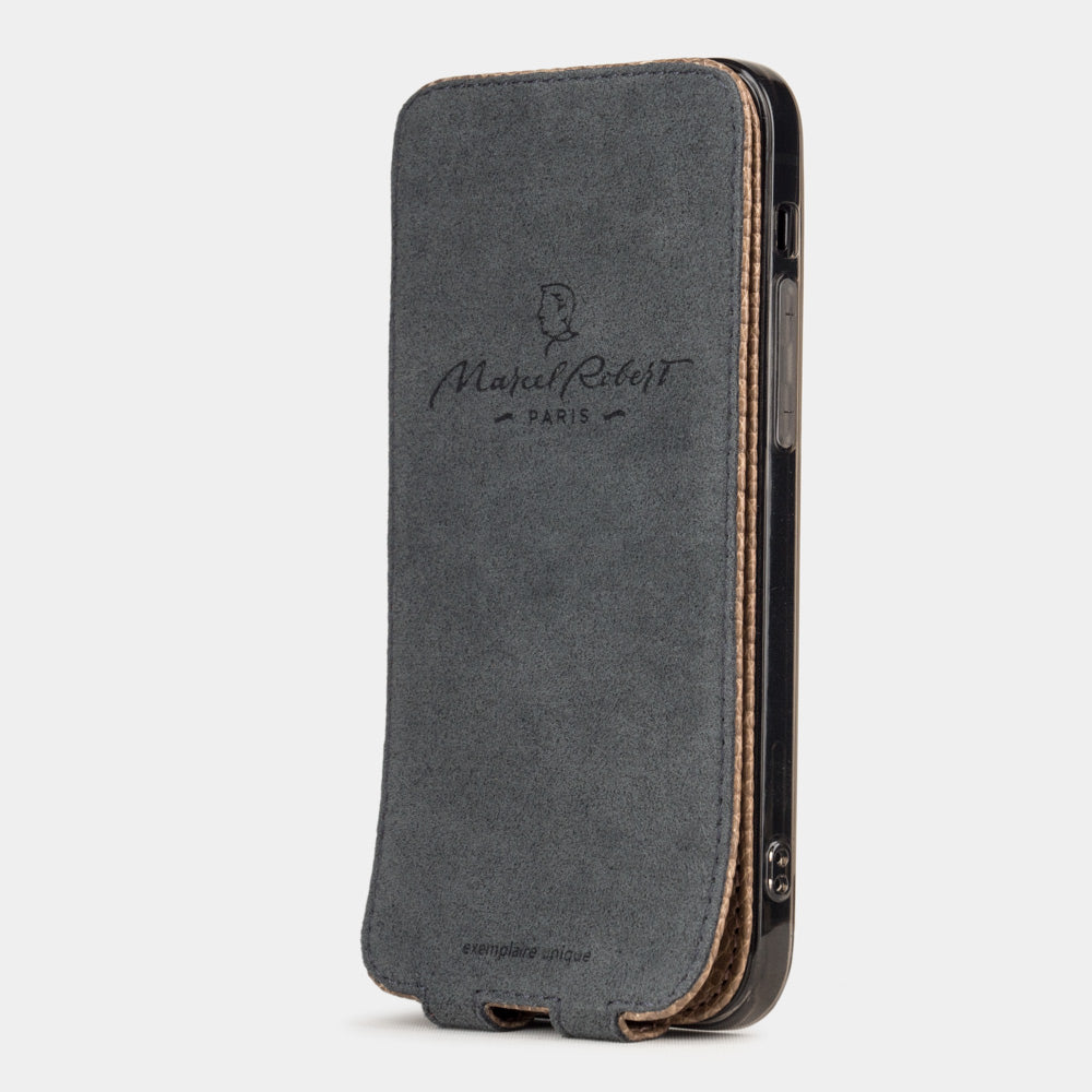 beige lizard leather flip case for iPhone 12 mini with cover folded behind revealing soft grey microfiber lining