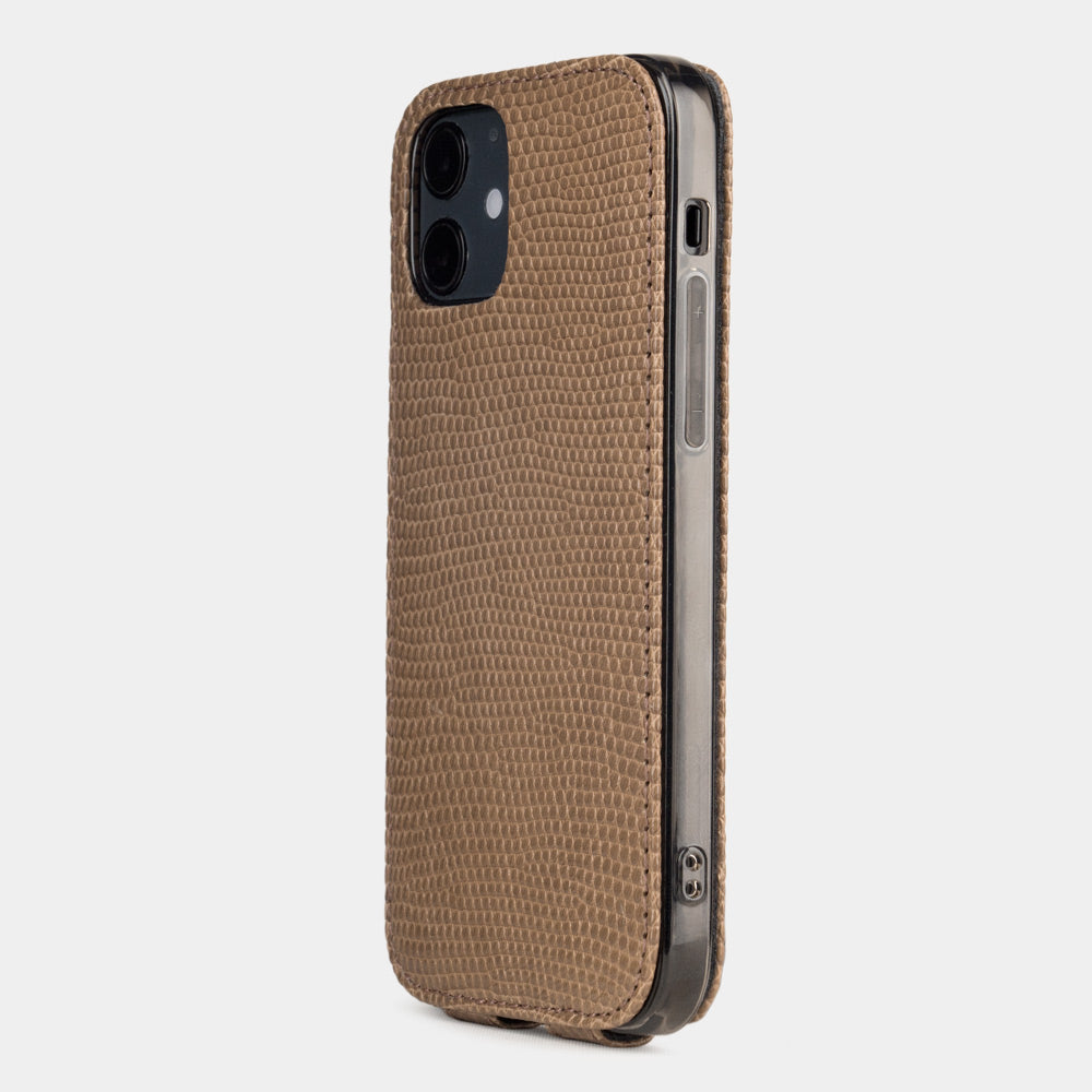 beige lizard leather iPhone 12 mini case rear view showing camera cutout and natural lizard leather texture
