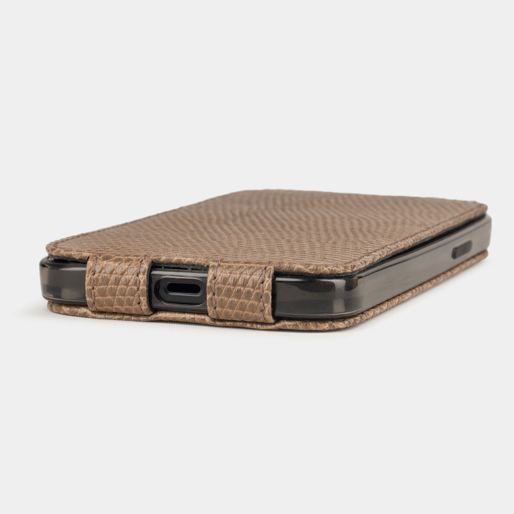 beige lizard leather flip case for iPhone 12 mini laid flat highlighting slim handcrafted profile