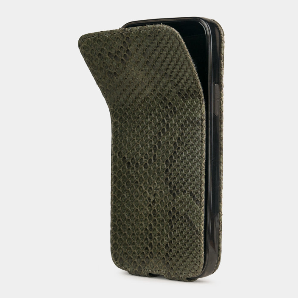 green python leather iPhone 12 pro flip case shown partially open, handcrafted exotic leather cover with magnetic flap