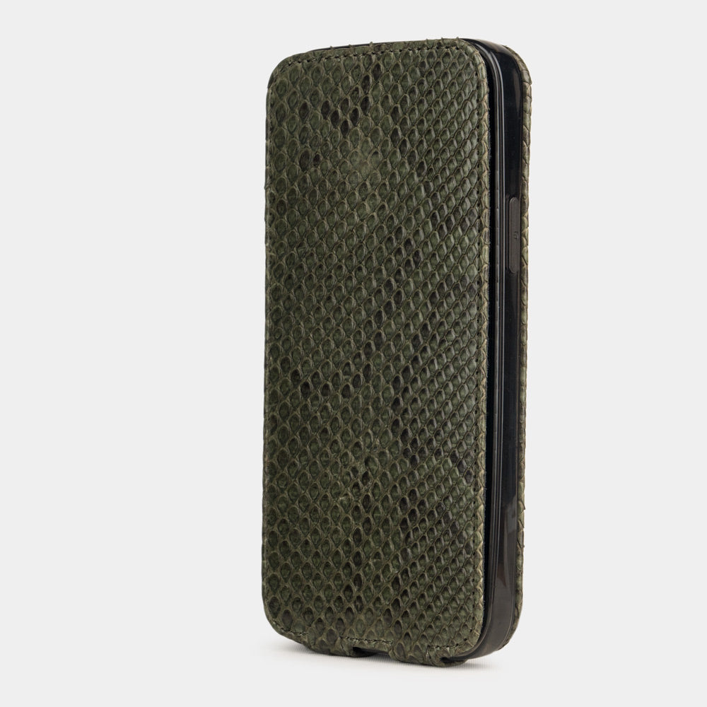 green python leather iPhone 12 pro max flip case in upright position, cover closes securely thanks to integrated magnet