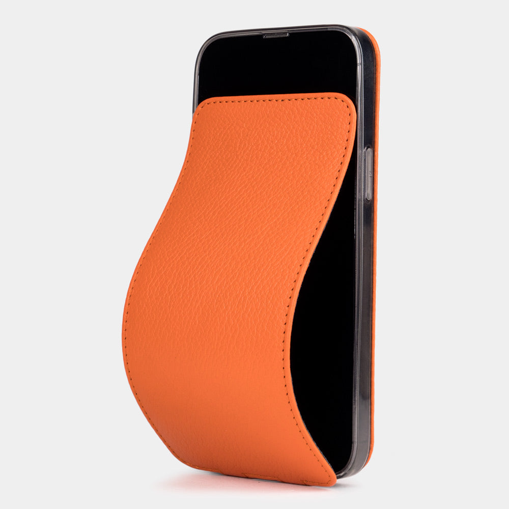 orange leather iPhone 13 pro max case with slim magnetic flip cover - main visual