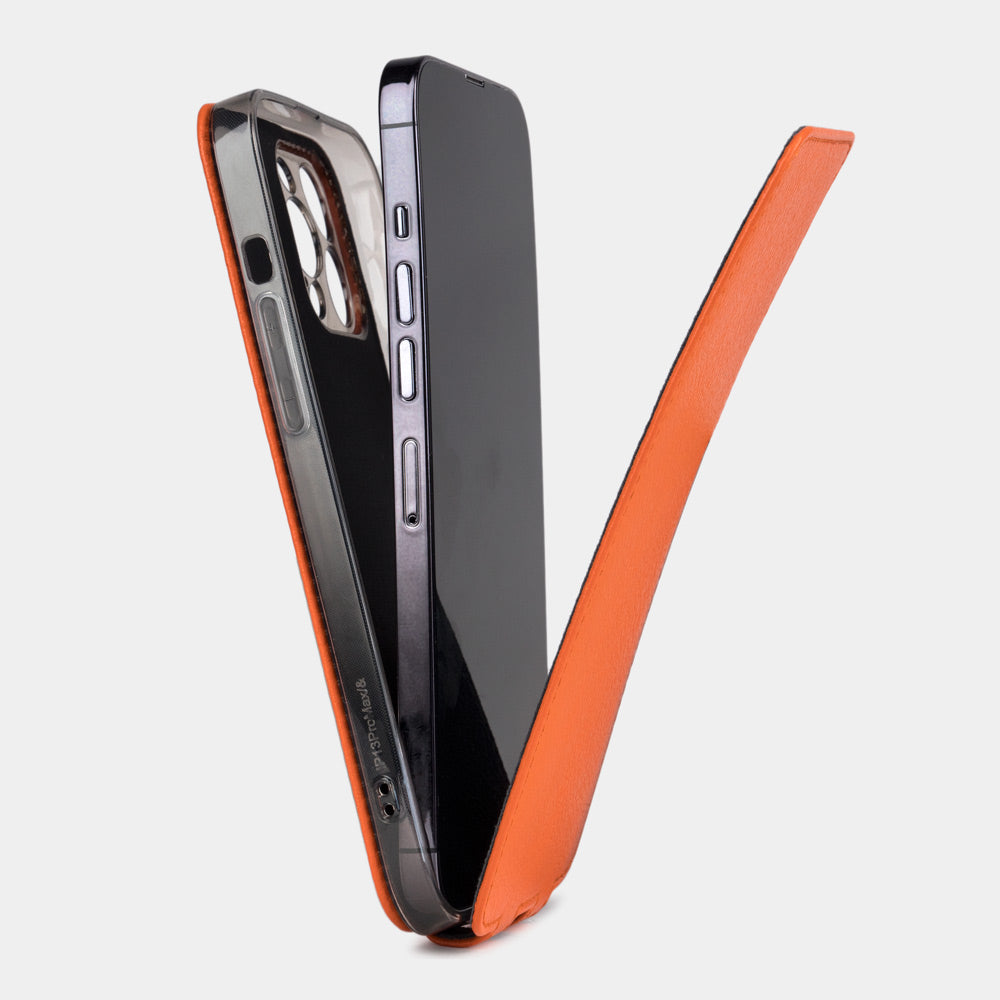 orange leather iPhone 13 pro max case showing the iPhone in its slim protective shell and magnetic flip cover