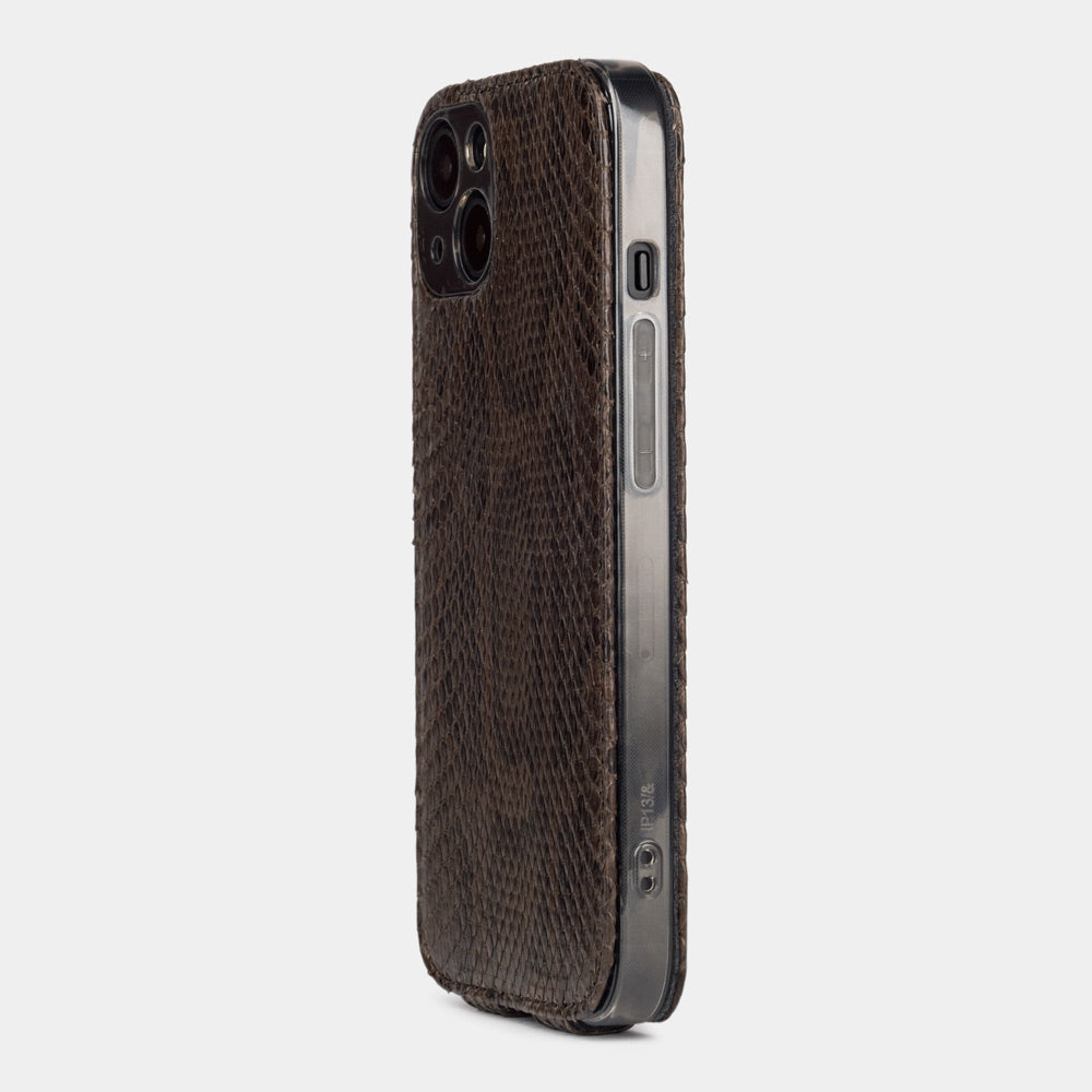 brown python leather iPhone 13 mini case rear view showing camera cutout and exotic leather texture