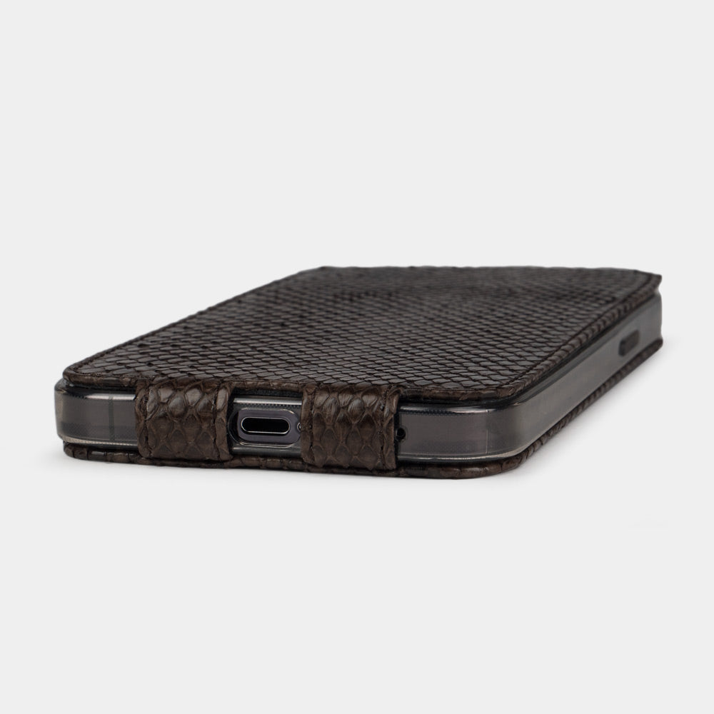 brown python leather flip case for iPhone 13 mini laid flat showing ultra slim handcrafted profile