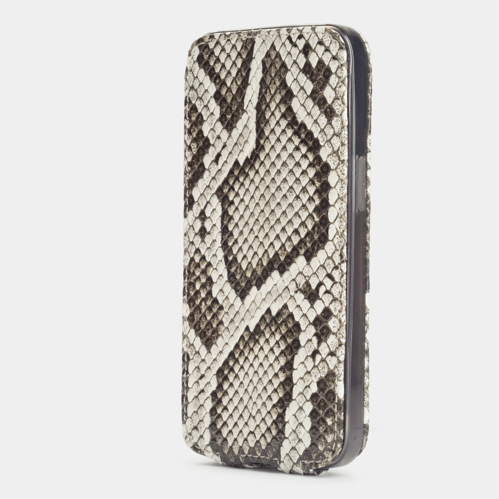 Natural python leather flip case for iPhone 15 Pro – flap closed, three-quarter front view showing the scale pattern