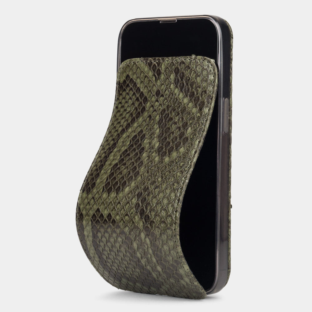 Green python leather flip case for iPhone 15 Pro – folding magnetic flap curving away from the screen