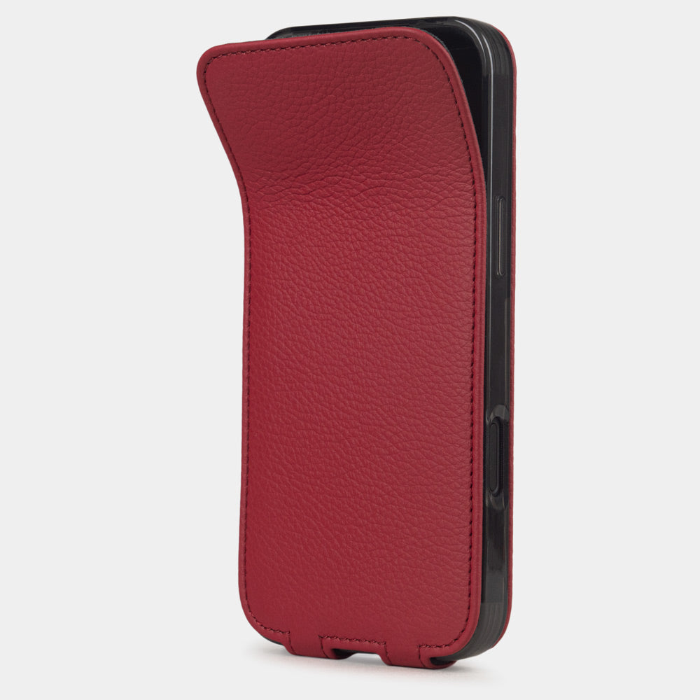 Red Calfskin Case iPhone 17 Air – phone flip case with textured natural scale pattern, flexible front cover folding back to protect the smartphone screen