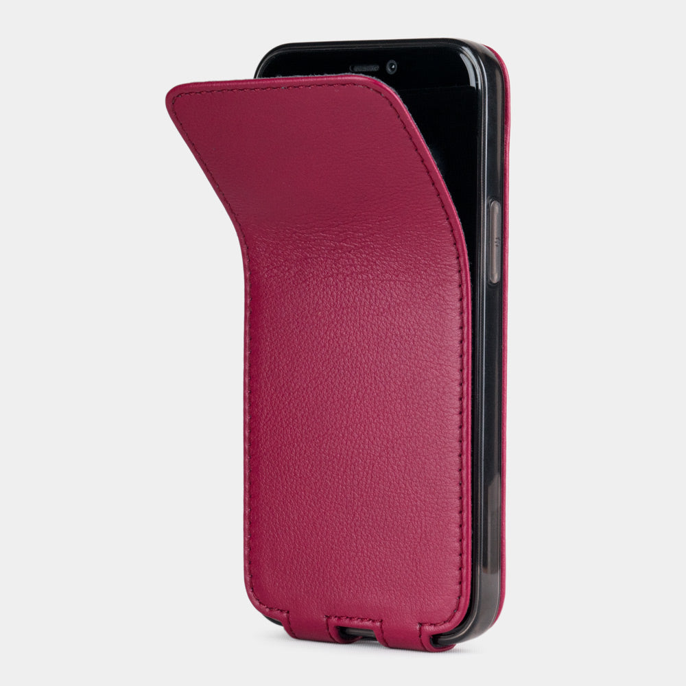 pink fushia leather iPhone 12 pro max flip case shown partially open, slim handcrafted leather cover with magnetic flap