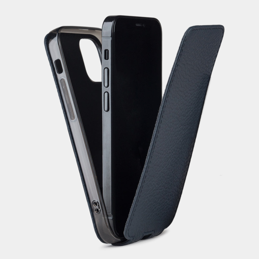 blue leather iPhone 12 pro max case showing slim protective silicone shell and magnetic flip cover