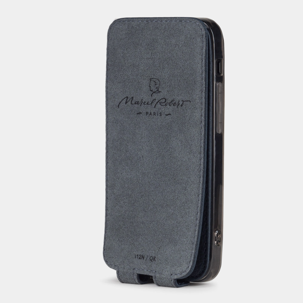 étui à rabat en cuir de veau bleu indigo pour iPhone XR, intérieur doublé Alcantara
