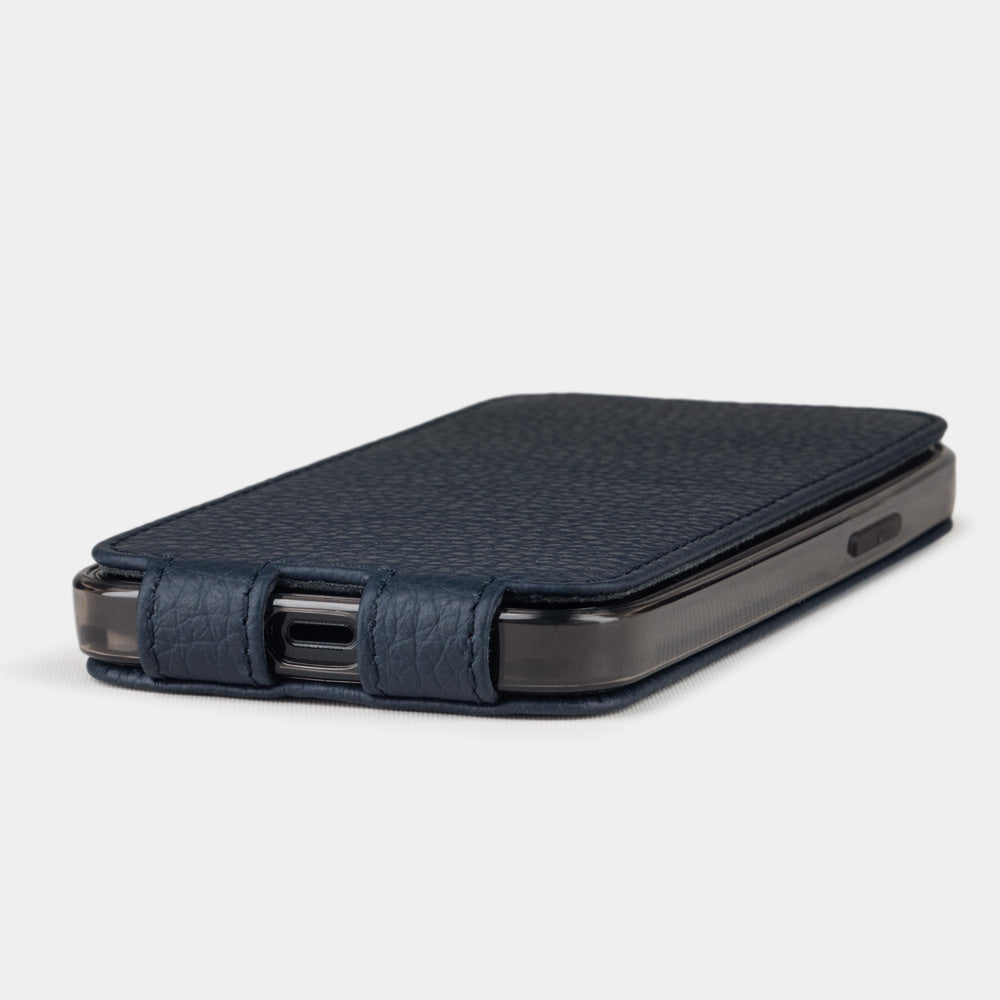 blue leather flip case for iPhone 12 pro max, view of the case laid flat showing its slim profile